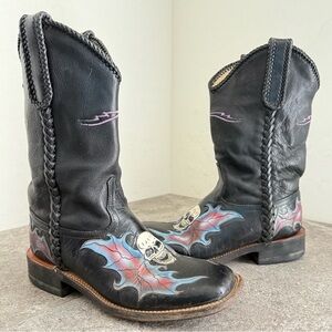 LaGrange Black Leather Skull Square Toe Boots Women’s Size 6 1/2 M